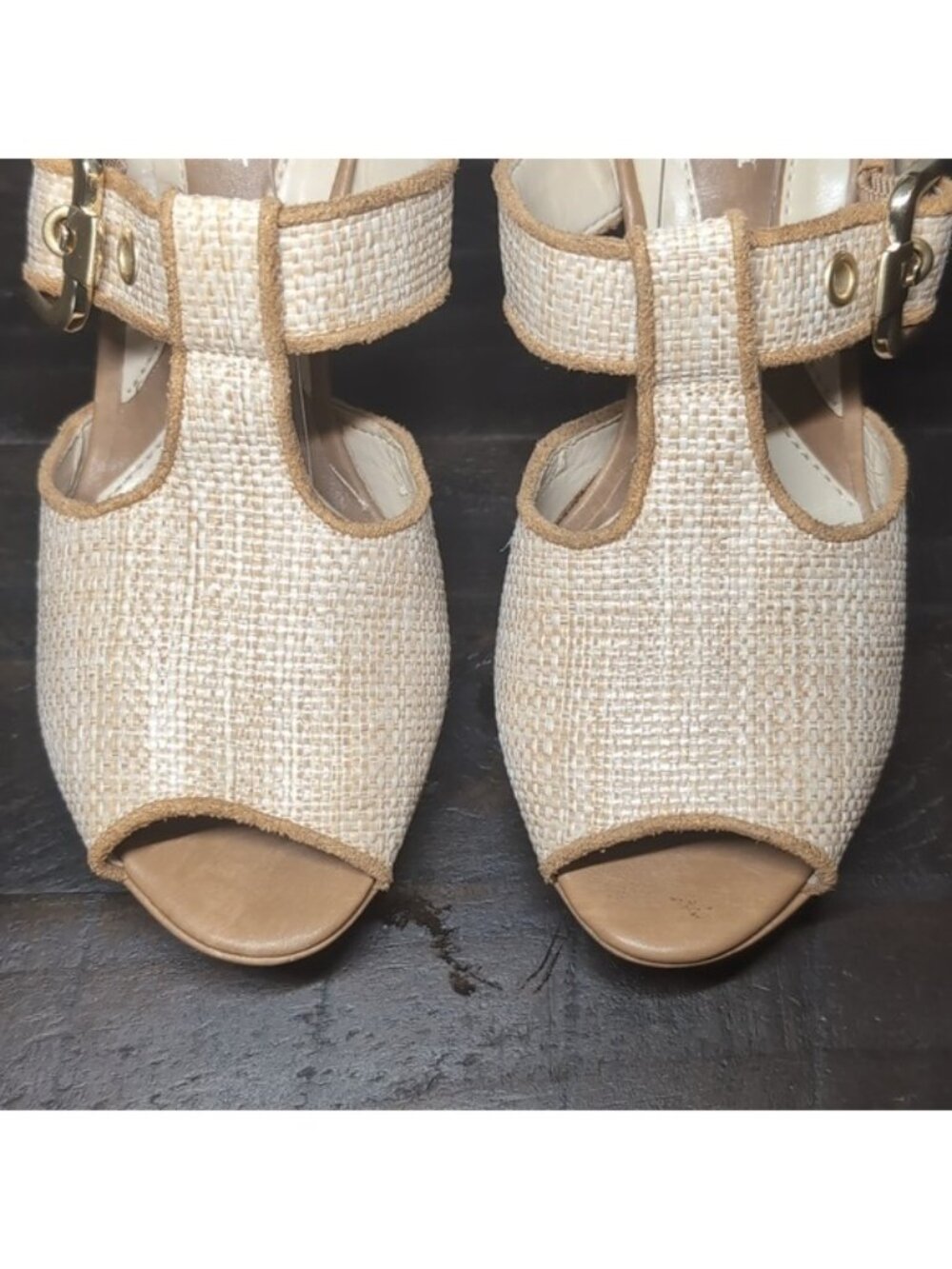 Naturalizer Kole Sandals Tan Woven Buckle Peep Toe Heels N5 Comfort Womens 7 - Picture 4 of 15